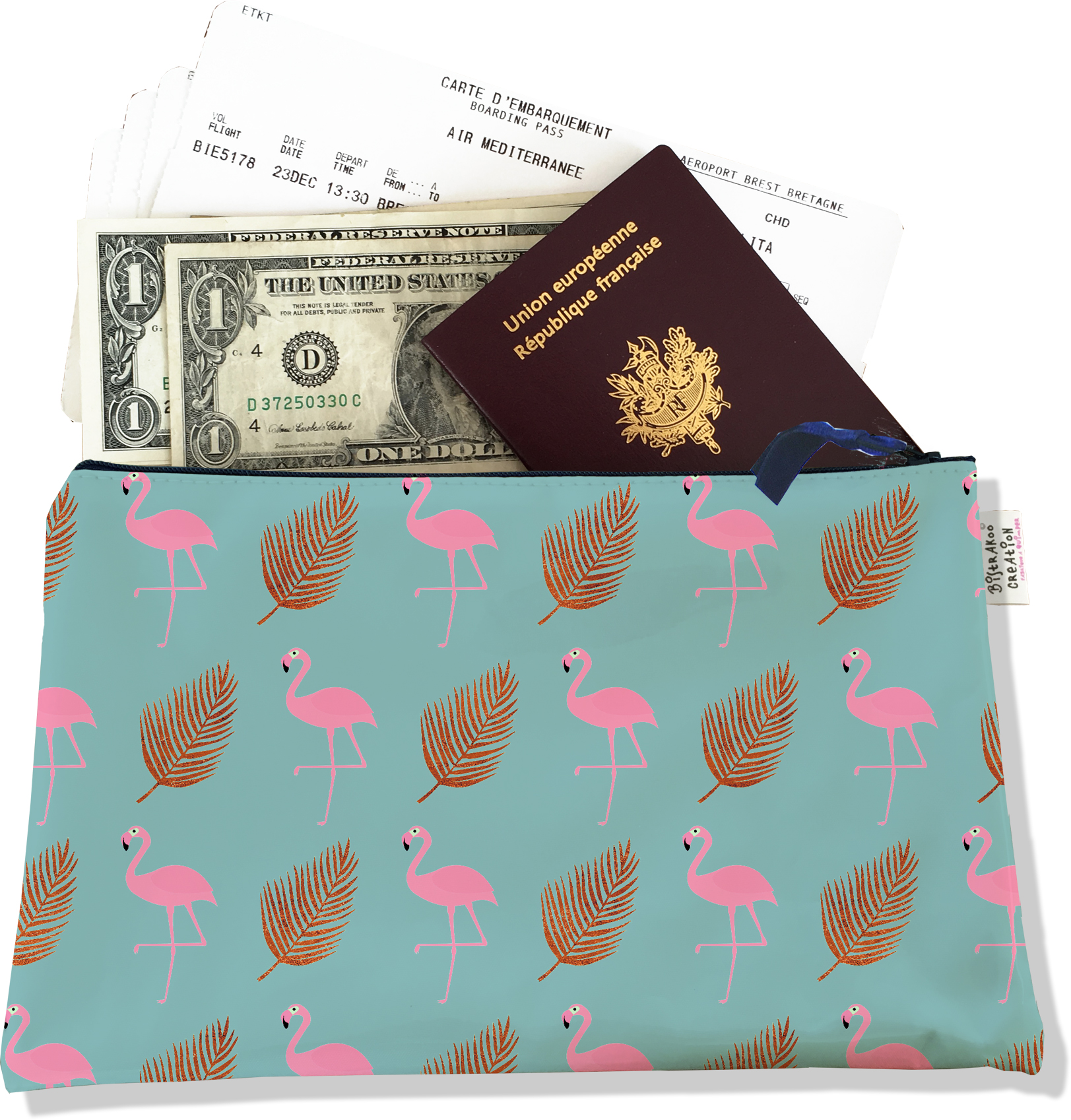 Pochette voyage, porte documents motif flamants roses et plumes fond bleu