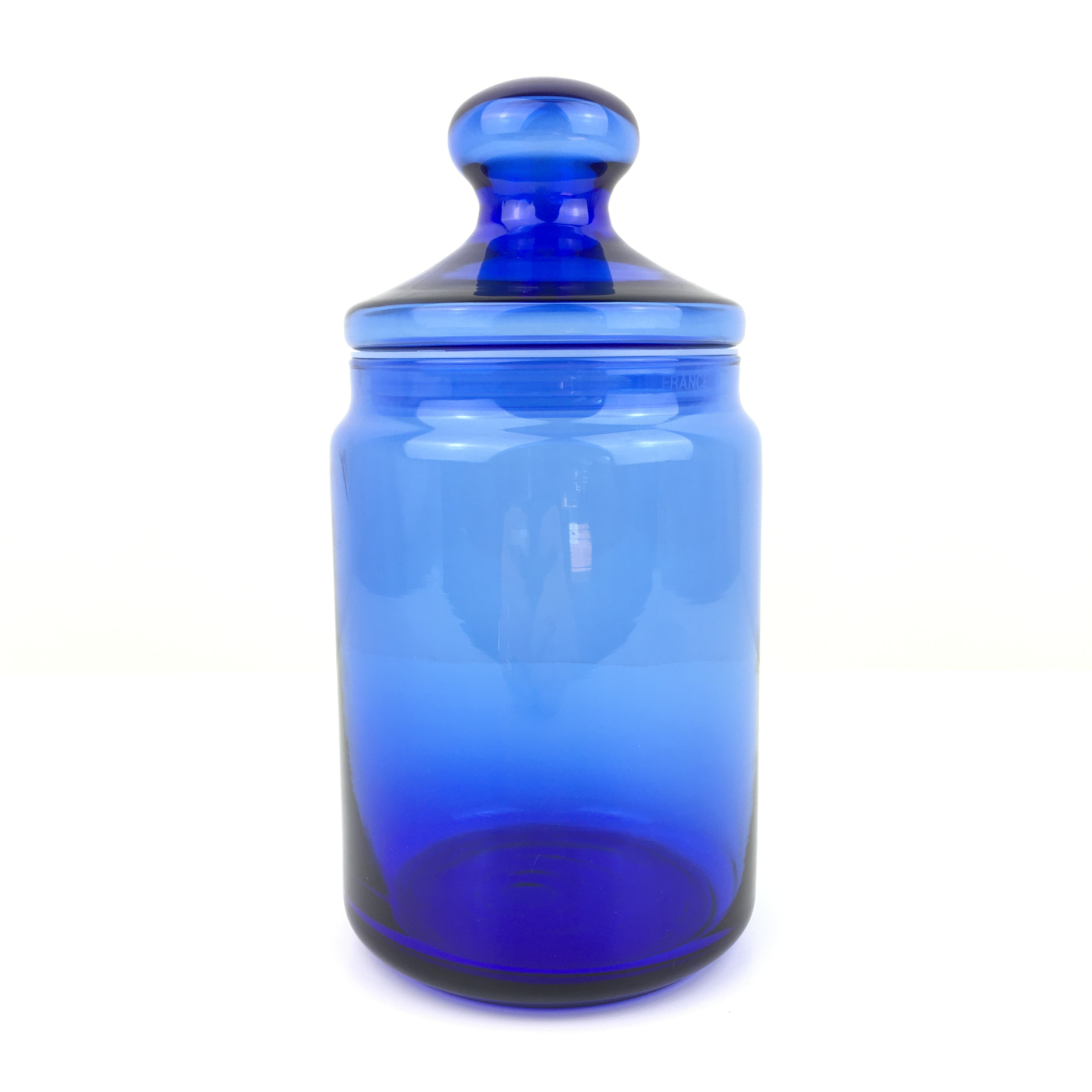Pot à couvercle verre bleu vintage et durable boutique broc'up