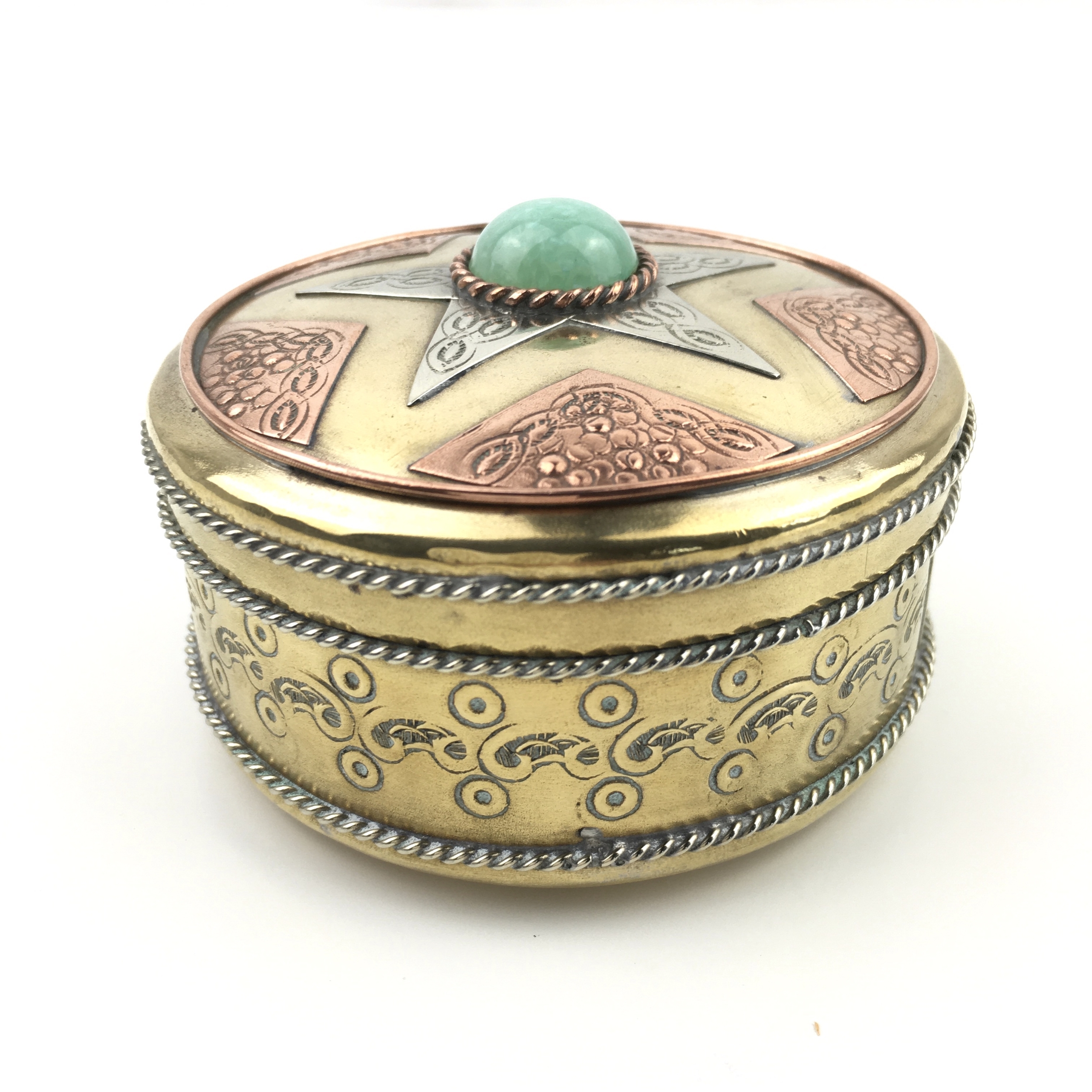 Boîte ronde décorative laiton et cuivre