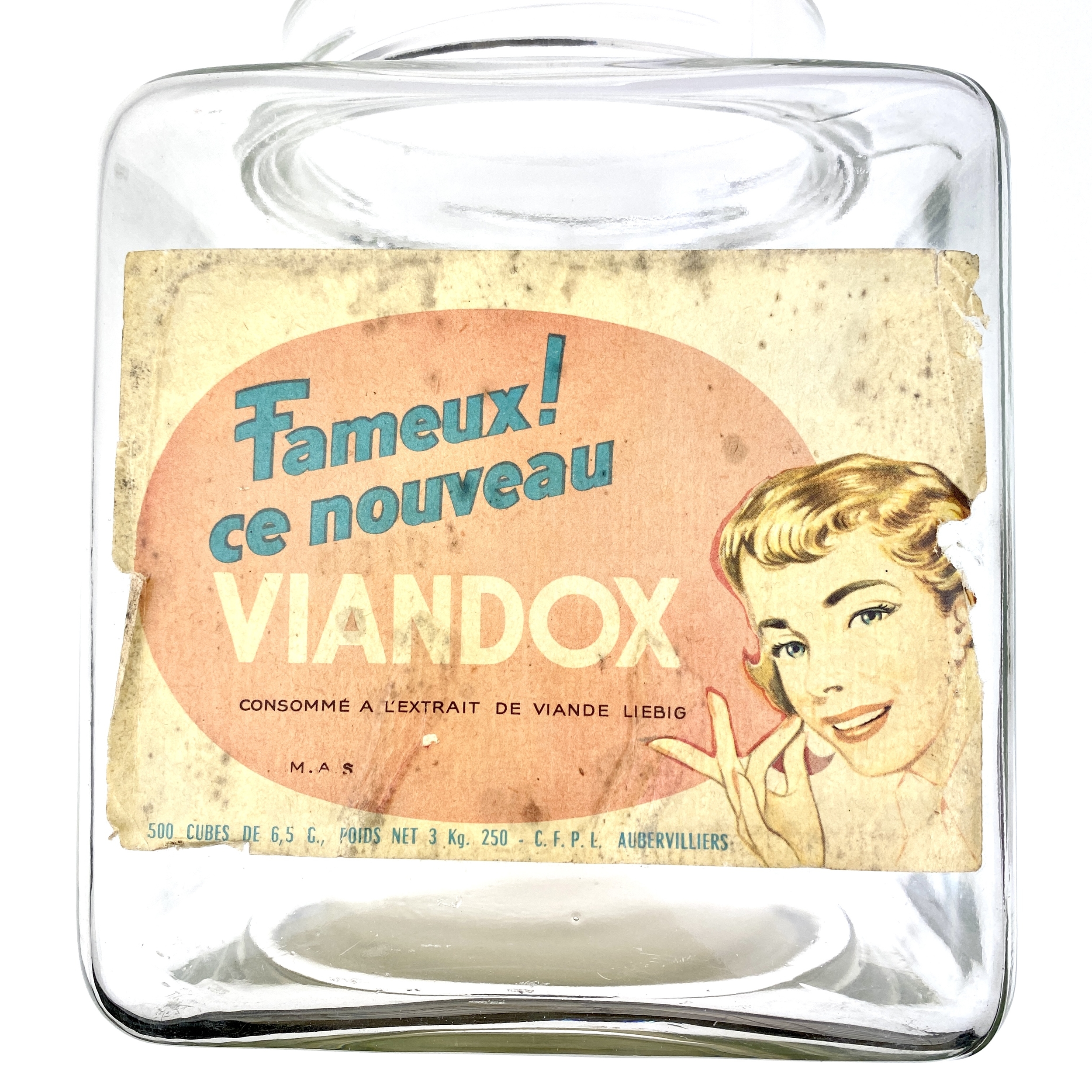 Pot en verre Viandox portant l'inscription Viandox Solide Produit Liebig ,  l'inscription figure en v