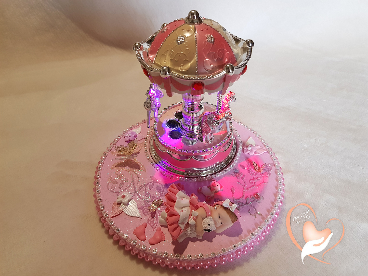 Carrousel Musical Lumineux Pour Enfants - Boîte à Musique 18 Cm Avec 4 Chevaux Et Lumières LED - Mélodie "Le Château Dans Le Ciel" - Décoration Chambre Bébé