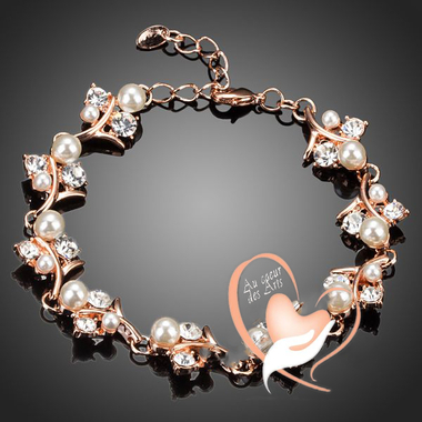 97-au coeur des arts -bracelet plaqué or rose et perles blanches et cristal Swarovski
