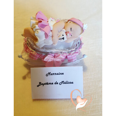 3D-Marque place bébé fille rose avec son ours baptème - au coeur des arts