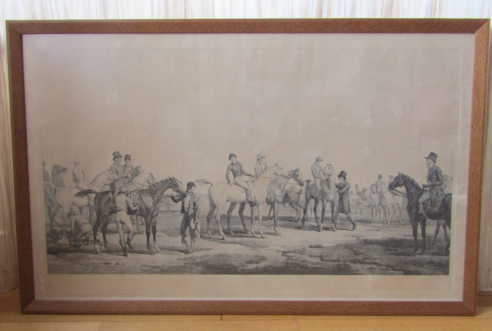 Carle Vernet (1758-1836). Gravure à l\'aquatinte par Debucourt, préparatifs d\'une poule entre cinq chevaux de course, début XIXe siècle