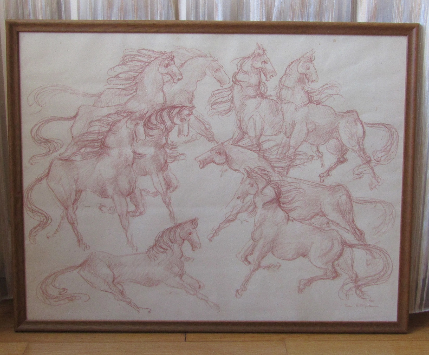 René Bolliger (1911-1971). Sanguine sur papier Mouvement de chevaux 1961, XXe siècle