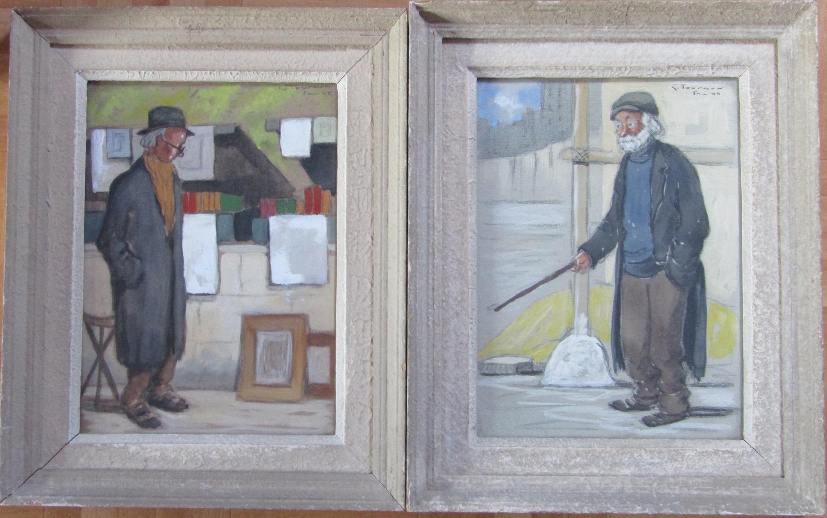 Georges TOURNON (1895-1961). Pastels Homme à la canne et Vendeur d\'estampes, XXe siècle