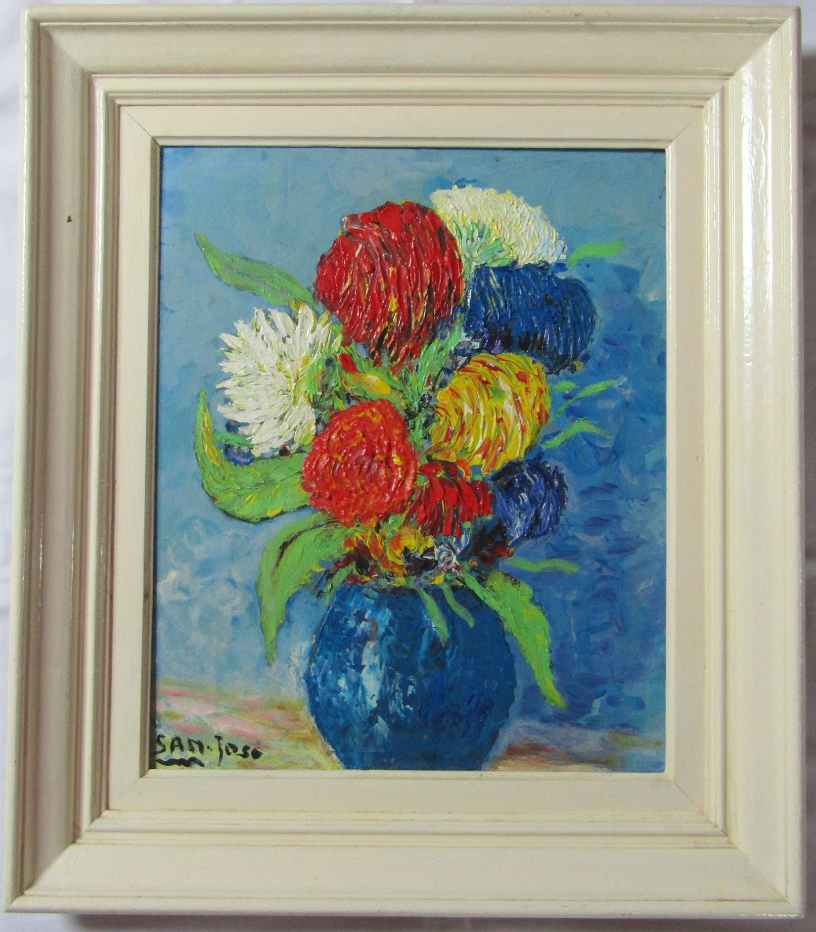 San José. Huile sur isorel bouquet de pivoines, XXe siècle