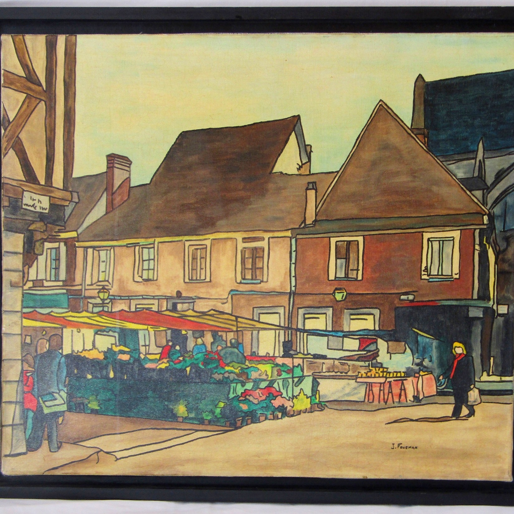 Joël FOUGMAN (1948). Acrylique représentant le Marché à Nogent-le-Roi, XXe