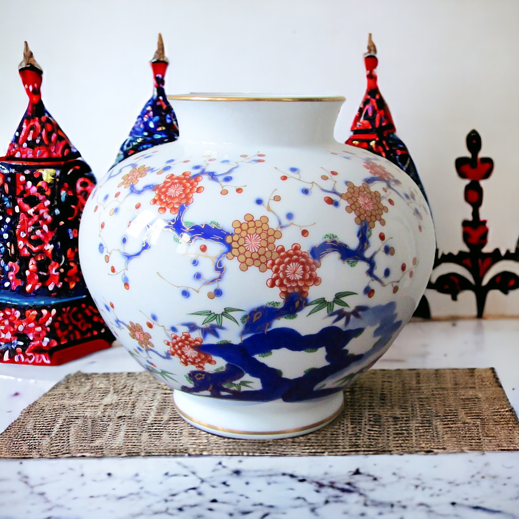 Japon. Arita. Fukagawa Seiji. Vase en porcelaine décor polychrome de fleurs, XXe