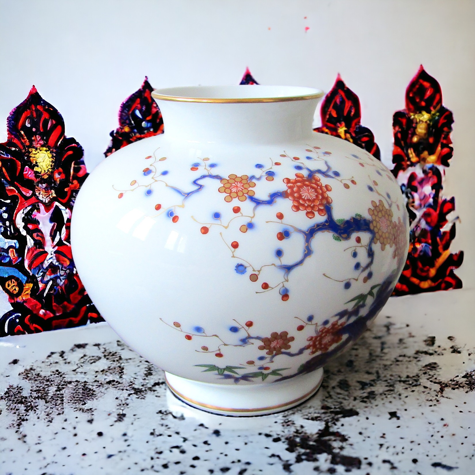 Japon. Arita. Fukagawa Seiji. Vase en porcelaine décor polychrome de fleurs, XXe