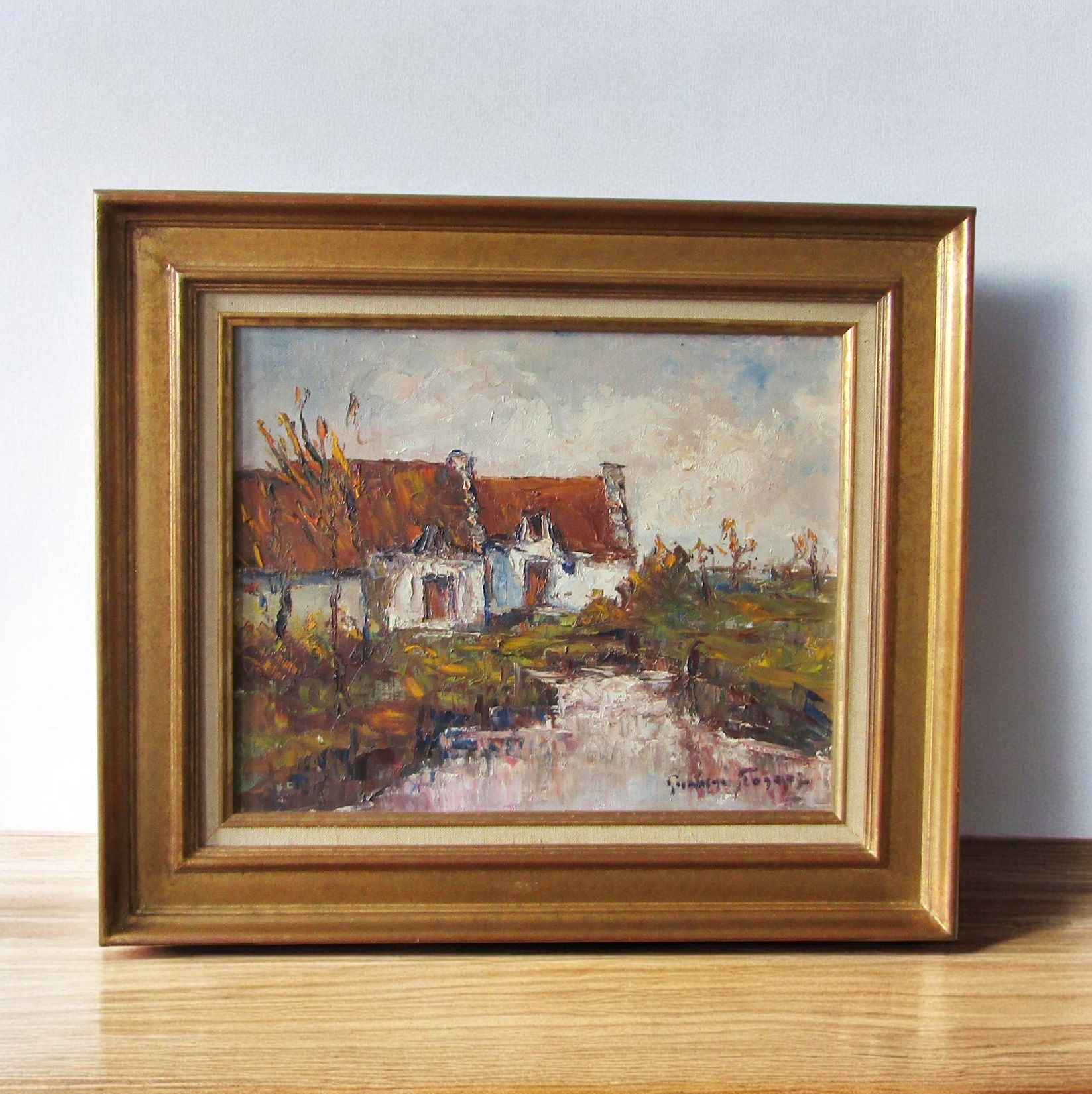 Germaine FRANCOZ (1902–1973). Savoie. Huile sur toile maison au bord de la mare