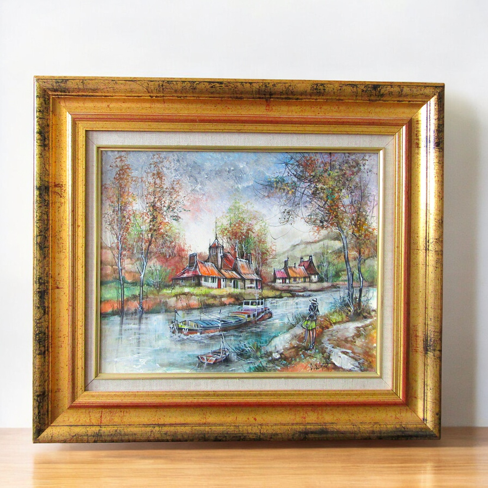 Claude Dumont (1938-). Huile sur toile Péniche sur la rivière, XXe siècle