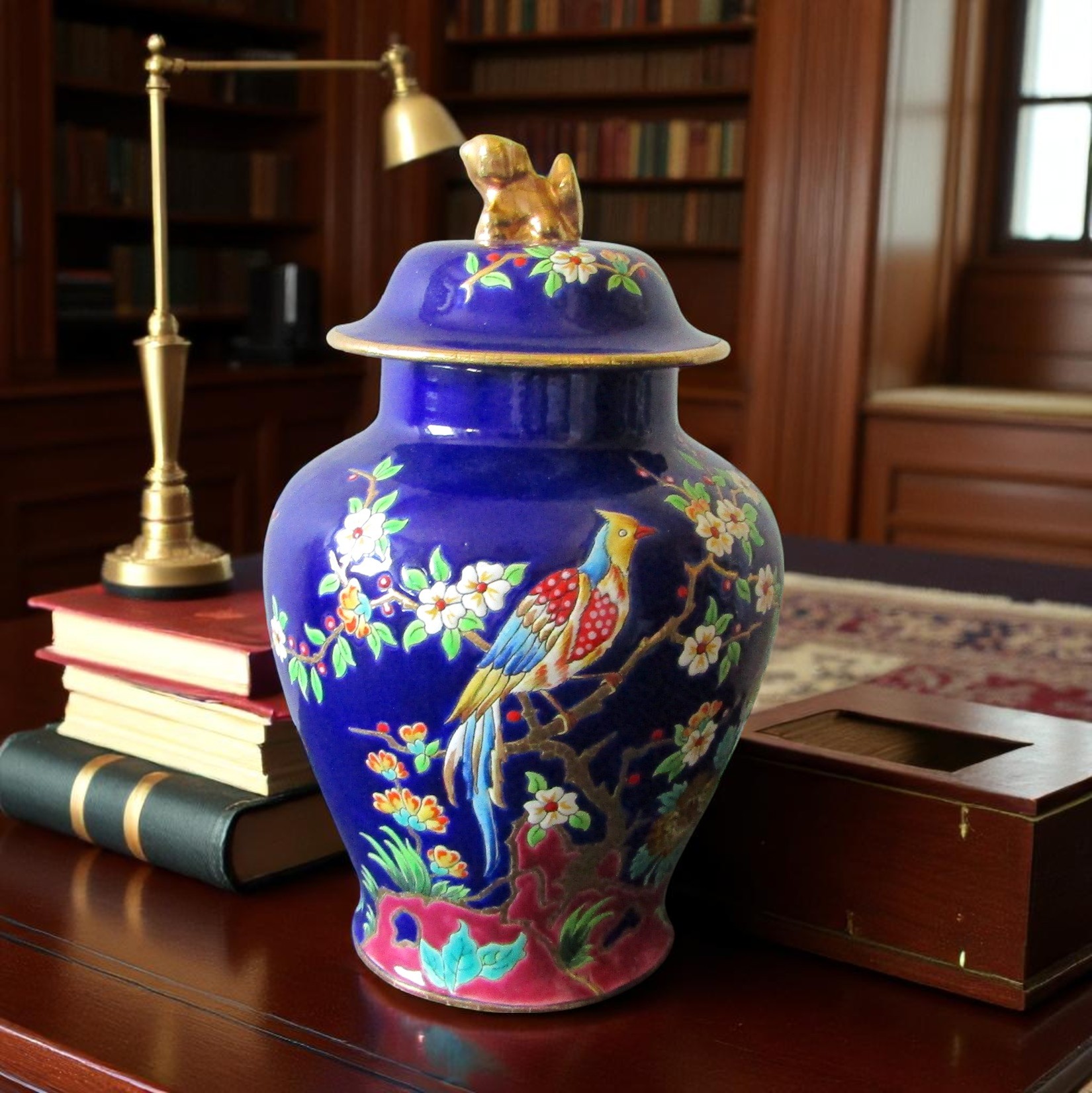 Émaux de Longwy. Boite à thé chinoise en faïence décor d\'oiseaux, XXe siècle