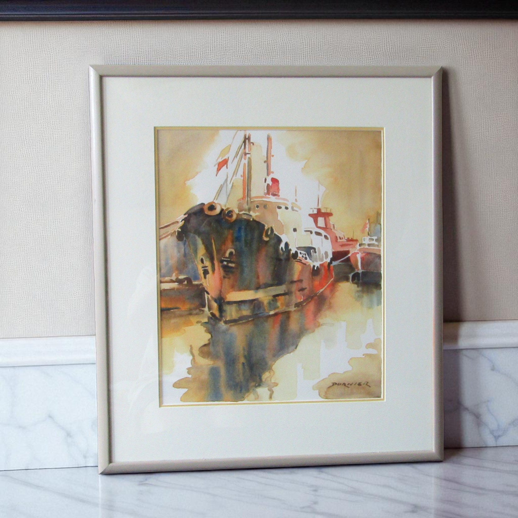 Jean-François Dornier (-2008). Aquarelle marine En bout de quai, XXe siècle