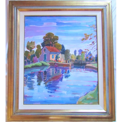 Rose-Marie BOURRELY (XX). Huile sur toile La maison de l'éclusier, XXe