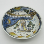 Nevers. Saladier en faïence décor au pont de Loire portant l'inscription R Françoisse Bouilli 1809