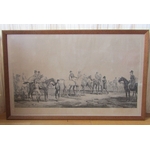 Carle Vernet (1758-1836). Gravure à l'aquatinte par Debucourt, préparatifs d'une poule entre cinq chevaux de course, début XIXe siècle