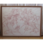 René Bolliger (1911-1971). Sanguine sur papier Mouvement de chevaux 1961, XXe siècle