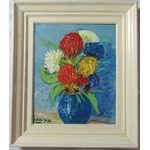 San José. Huile sur isorel bouquet de pivoines, XXe siècle