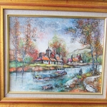 Claude Dumont (1938-). Huile sur toile Péniche sur la rivière, XXe siècle