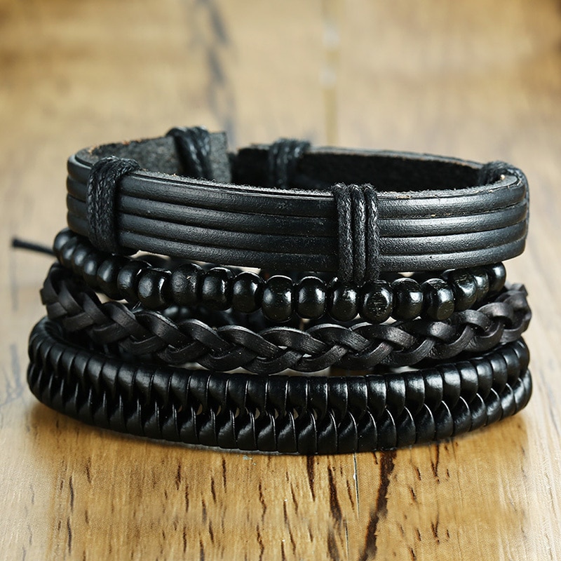 Vnox-4-pi-ces-ensemble-Bracelets-noirs-pour-hommes-bracelet-r-glable-longueur-boh-me-vacances