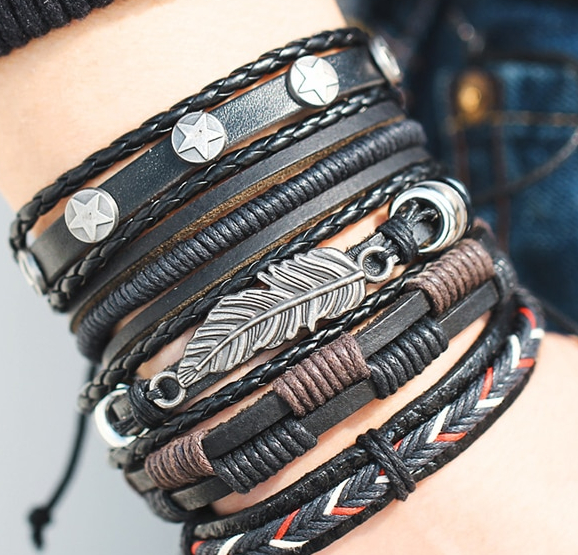 Si-moi-Vintage-feuille-plume-multicouche-Bracelet-en-cuir-hommes-mode-tress-la-main-toile-corde