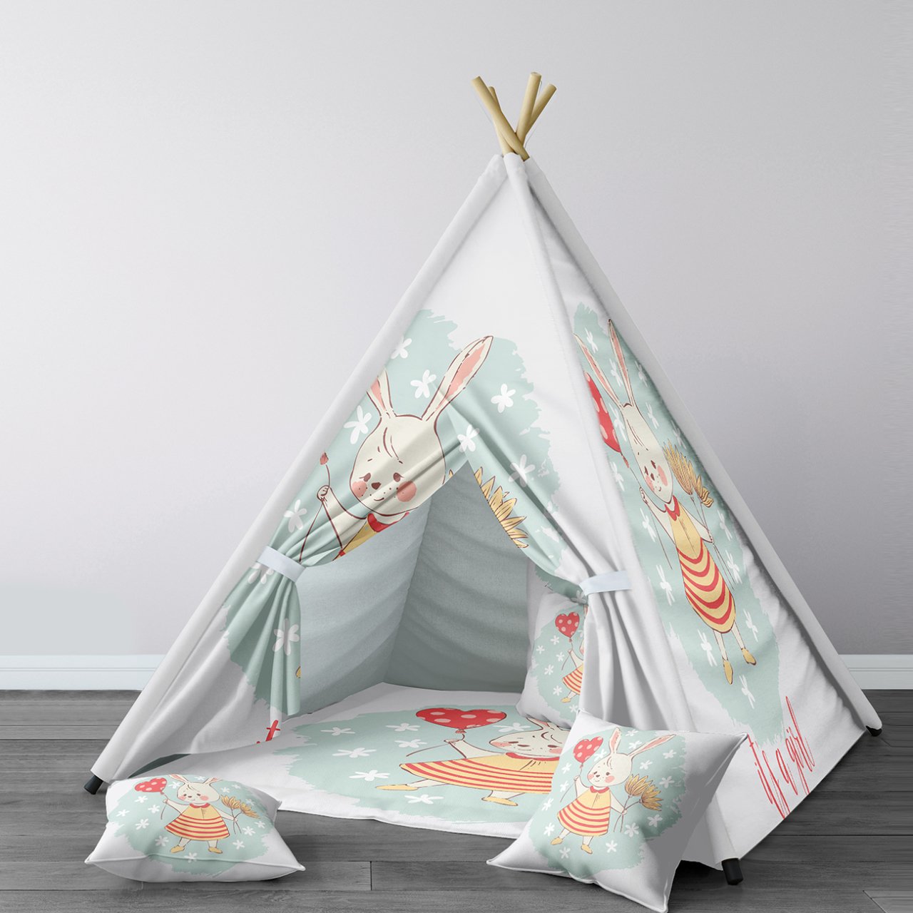 Tente-de-jeu-pliable-pour-fille-lapin-mignon-et-ballon-rouge-maison-de-jeu-Portable-tente