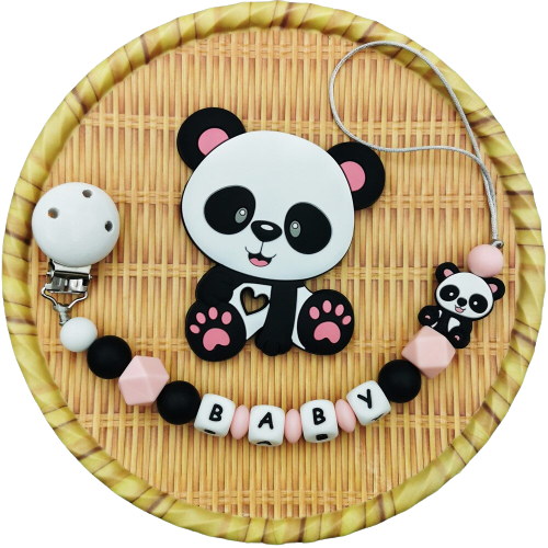 Ensemble panda/Attache tétine sucette personnalisée/prénom/jouet bébé  naissance cadeau/silicone alimentaire (Attache + Hochet) : :  Produits Handmade
