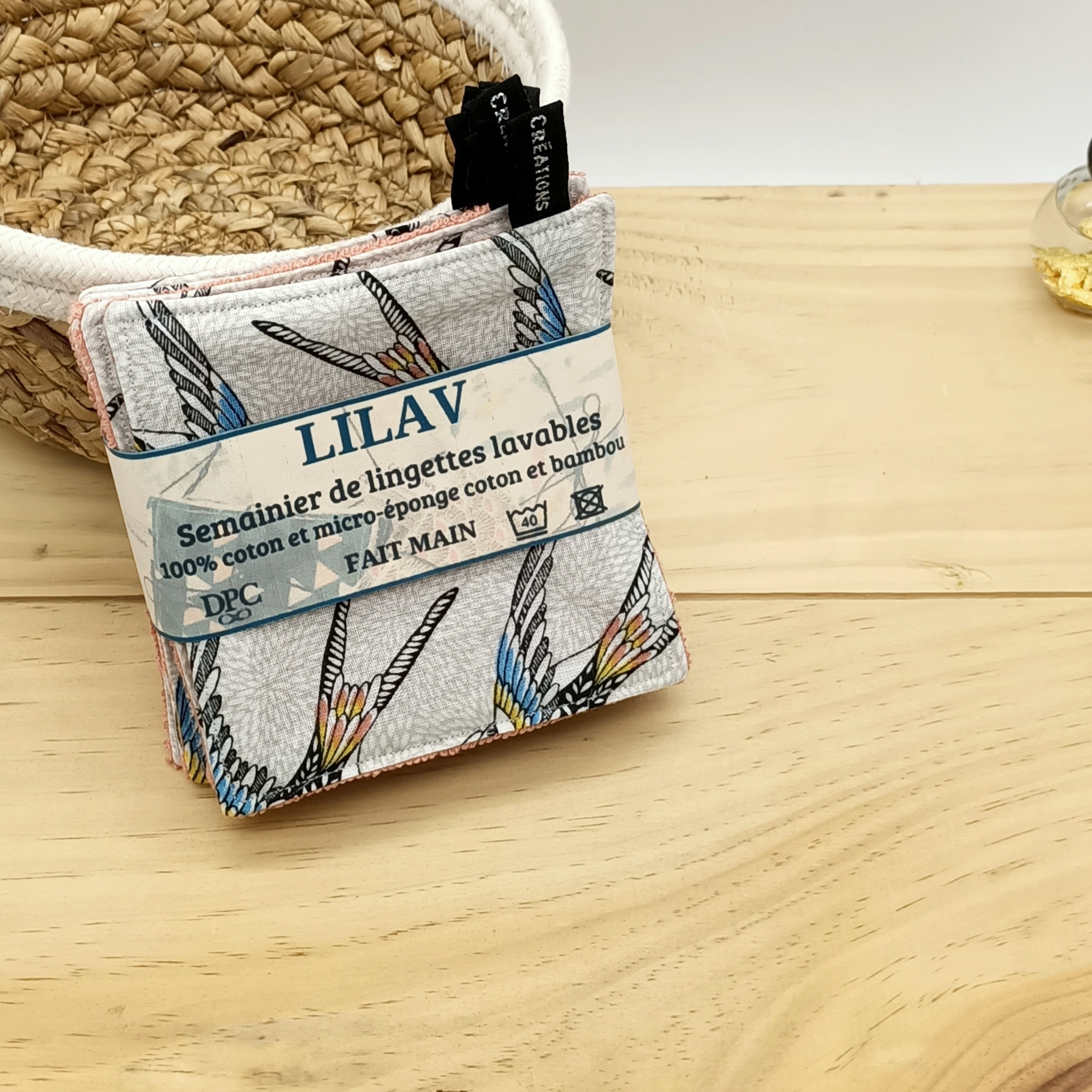 Semainier de 7 lingettes lavables 100% fait main Hirondelles