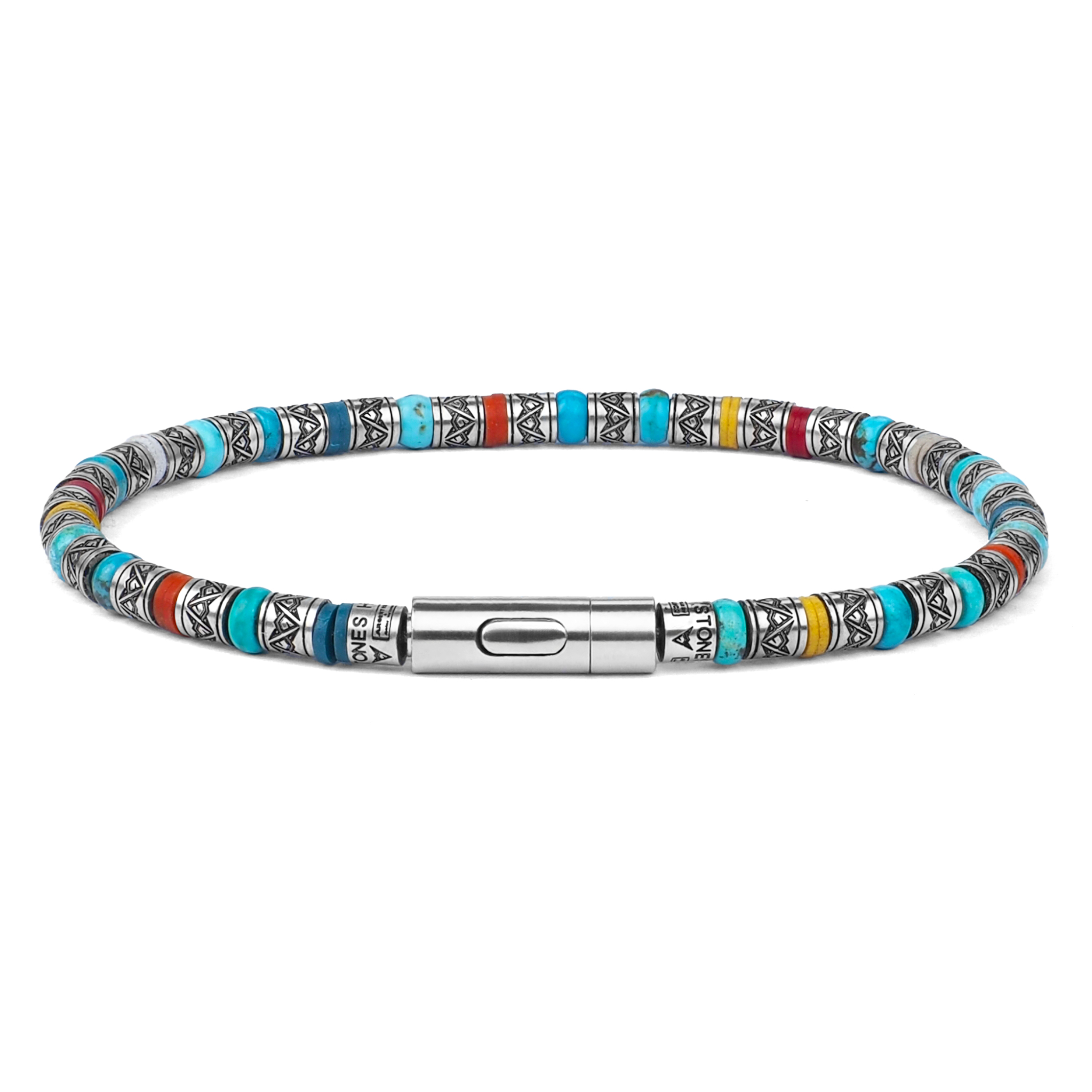 Bracelet Perles Turquoise Et Argent – Style Ethnique, 19 Cm, Pierre Naturelle Howlite Teintée, Fait Main UK