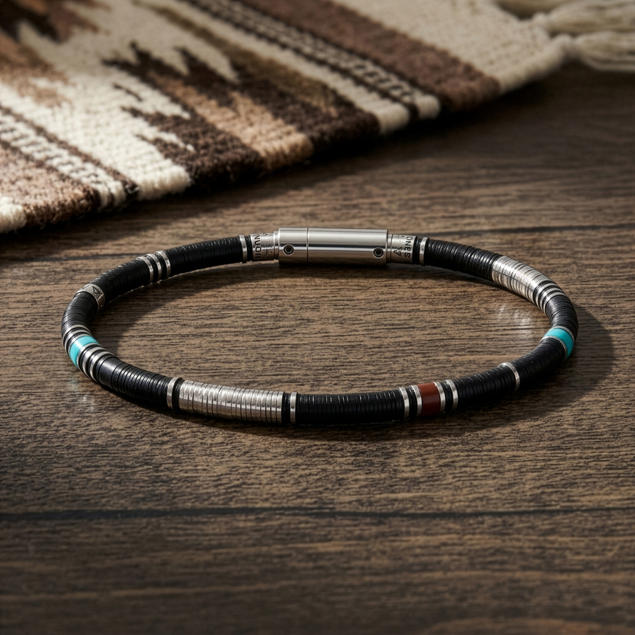 bracelet homme turquoise  argent et vinyle africianbracelet homme turquoise  argent et vinyle africain