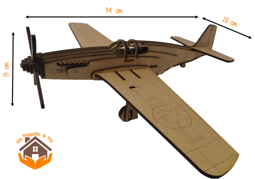 MAQUETTE AVION AMERICAIN MUSTANG P-51 SECONDE GUERRE MONDIALE FABRICATION FRANCAISE 6 DIMENSIONS B