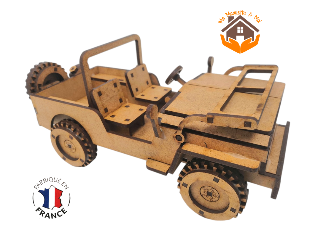 MAQUETTE EN BOIS MEDIUM JEEP VEHICULE MILITAIRE FABRICATION ARTISANALE FRANCAISE 2 B