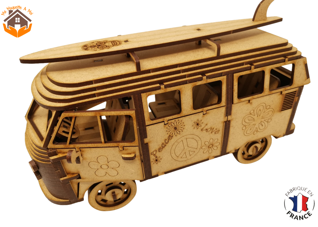 MAQUETTE EN BOIS COMBI VW VOLKSWAGEN HIPPY CHIC FABRICATION ARTISANALE FRANCAISE 4