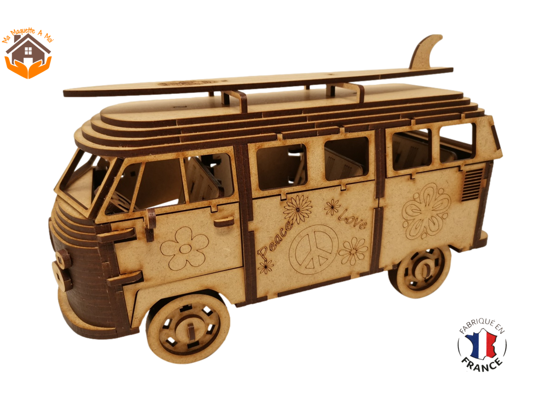 MAQUETTE EN BOIS COMBI VW VOLKSWAGEN HIPPY CHIC FABRICATION ARTISANALE FRANCAISE 6