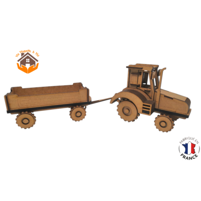 MAQUETTE EN BOIS MEDIUM TRACTEUR AVEC REMORQUE FABRIQUE EN FRANCE 8 B