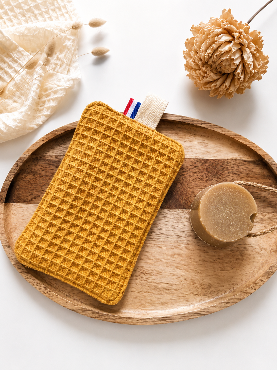 Eponge lavable en nid dabeille et toile de jute Moutarde