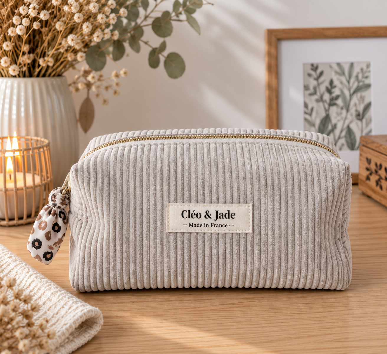 Trousse beige en velours cotelé cousu main