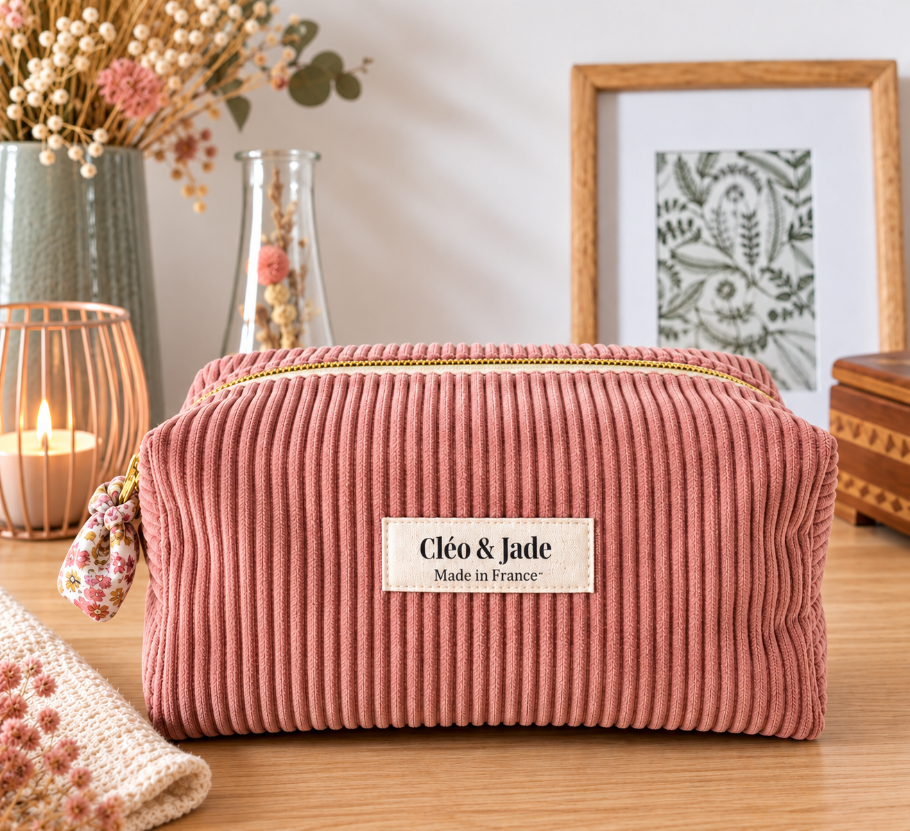 Trousse en velours cotelé rose