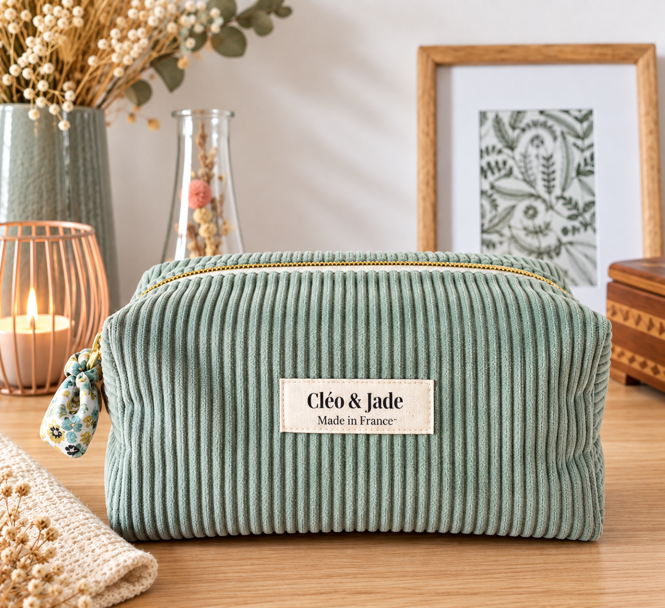 Trousse en velours côtelé vert deau