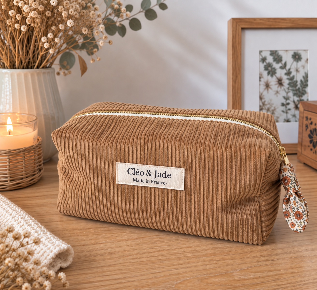 Trousse en velours marron côtelé