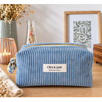 Trousse en velours côtelé bleu cousu main