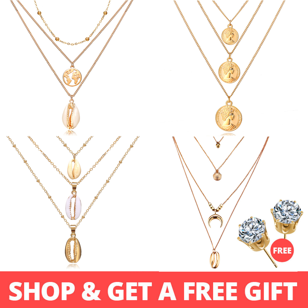 Acheter-1-Get-1-cadeau-nouveau-or-argent-Multi-couche-collier-pour-femmes-fille-coquille-tour