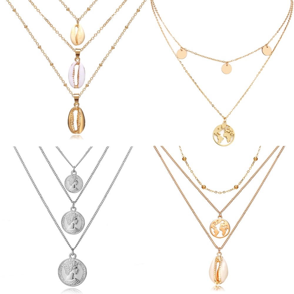 Acheter-1-Get-1-cadeau-nouveau-or-argent-Multi-couche-collier-pour-femmes-fille-coquille-tour