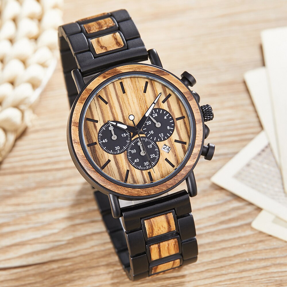 Unique-montre-en-bois-multifonction-cadran-Quartz-acier-bois-combin-montres-z-bre-horloge-Sport-d