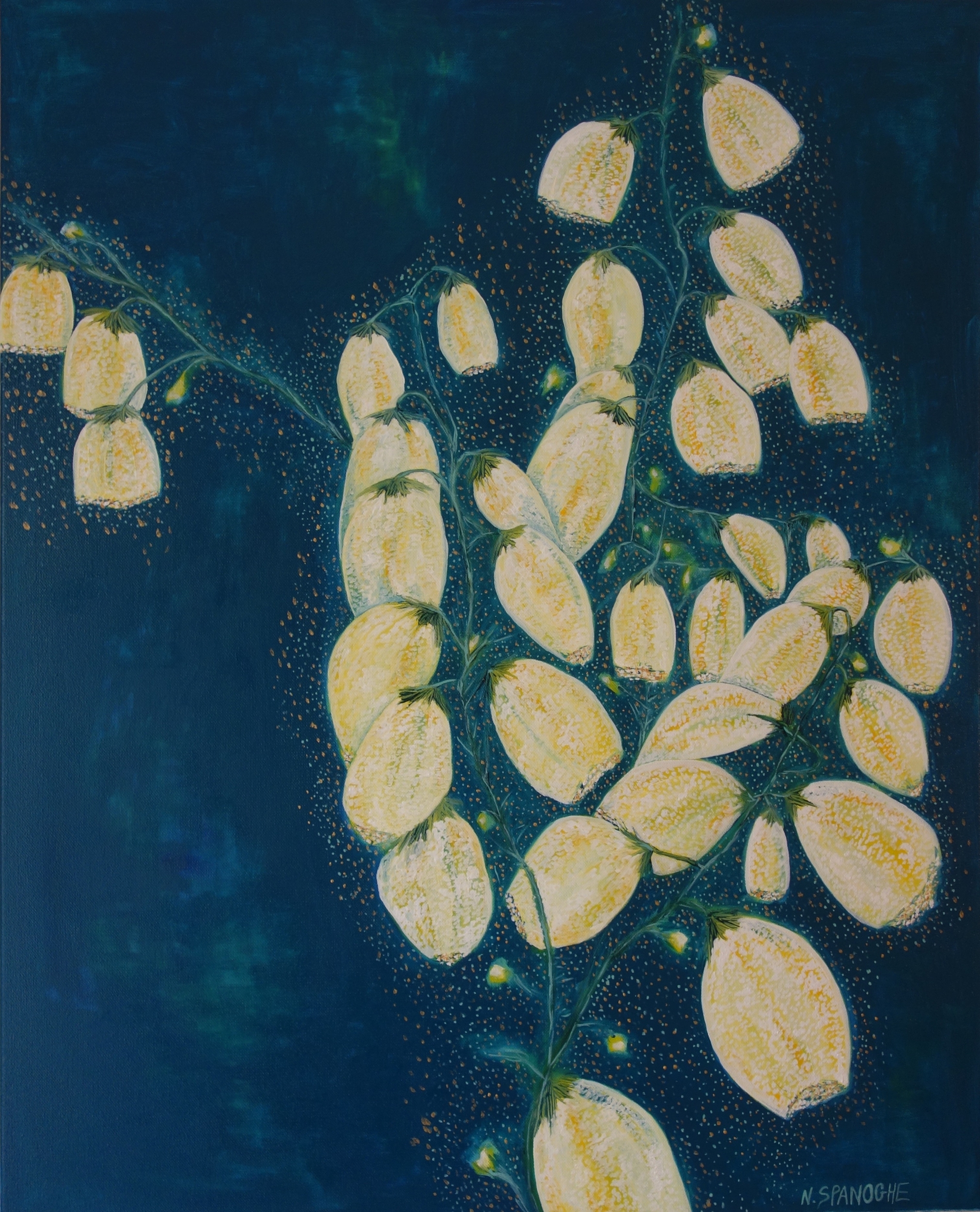 Tableau Lanternes végétales de Nathalie Spanoghe, une plante imaginaire ou des lanternes magiques jaunes et bleu canard