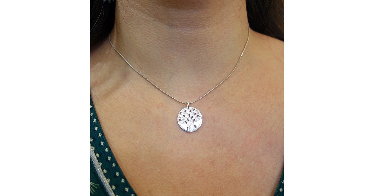 Collier Chaîne En Argent Massif Avec Pendentif Arbre Et Strass, Occasion - Bijou Fantaisie Argenté