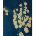 Tableau Lanternes végétales de Nathalie Spanoghe, une plante imaginaire ou des lanternes magiques jaunes et bleu canard