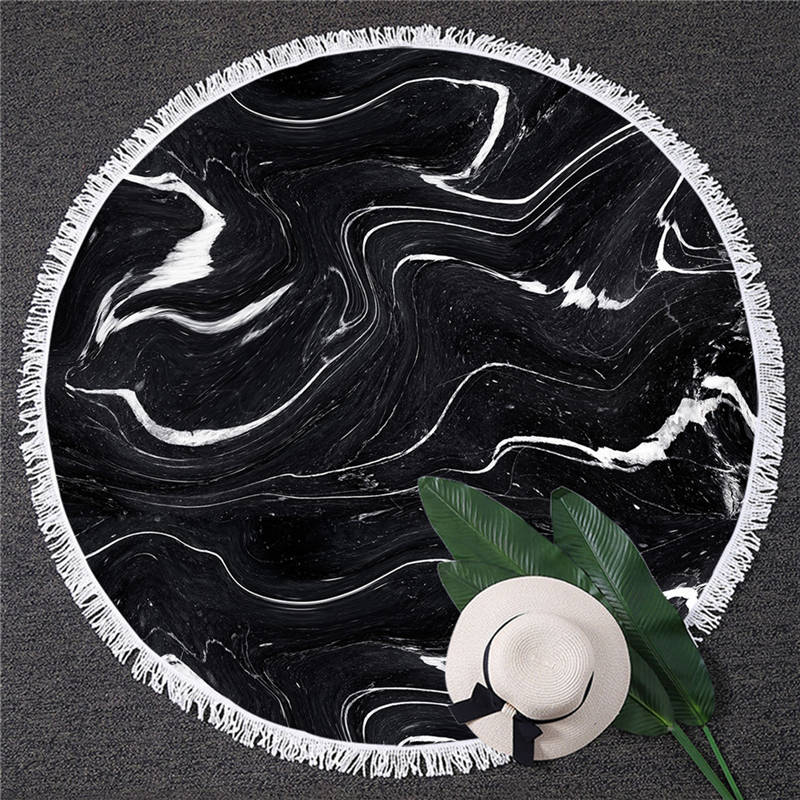 Serviette de méditation ou de plage ronde - Inspiration minérale - marbre noir et blanc