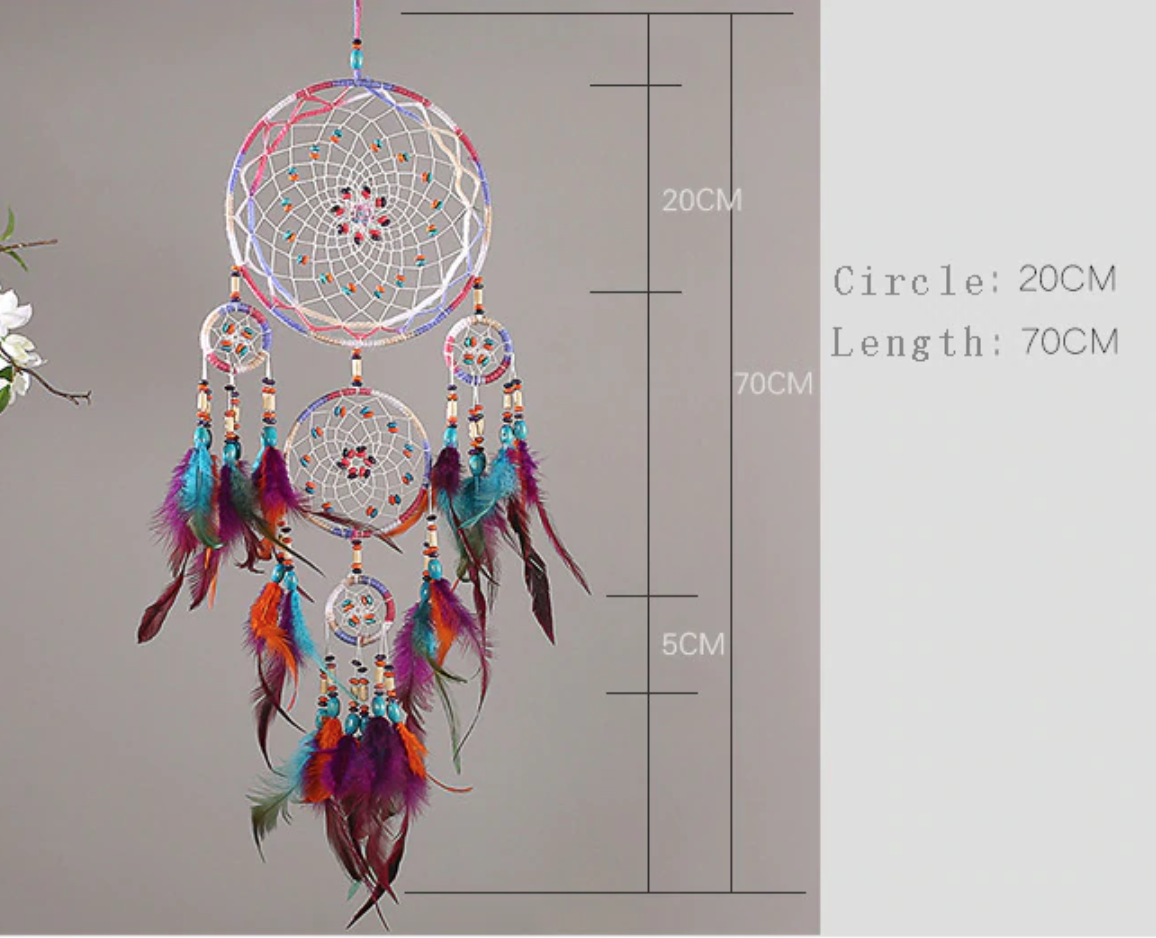 dimensions Attrape rêve &quot; Cinq anneaux &quot; - Perles de couleurs et Plumes - Entièrement fait Main